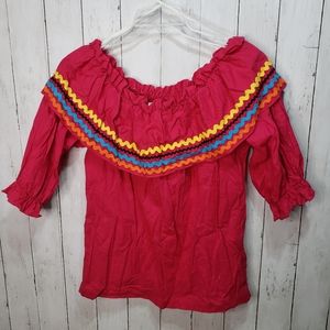 Vintage Tanzerina Pink Off Shoulder Ruffle Cotton Shirt Sz Medium Ric Rac Fiesta